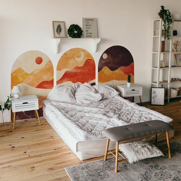 Sunset Arch Wall Decal Set – Warm Terracotta & Amber Mountain Landscape Mural