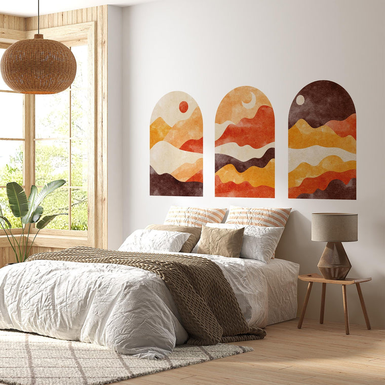Sunset Arch Wall Decal Set – Warm Terracotta & Amber Mountain Landscape Mural