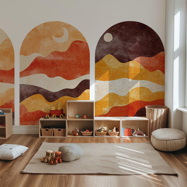 Sunset Arch Wall Decal Set – Warm Terracotta & Amber Mountain Landscape Mural
