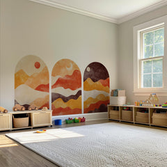 Sunset Arch Wall Decal Set – Warm Terracotta & Amber Mountain Landscape Mural