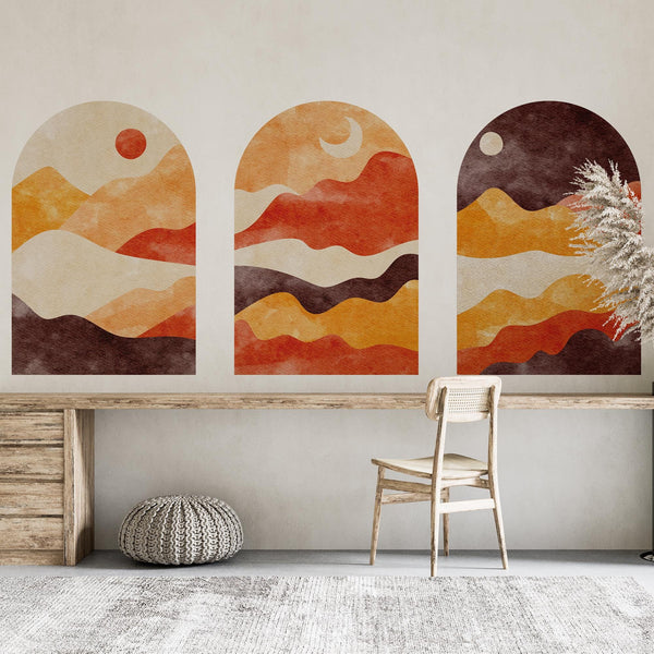 Sunset Arch Wall Decal Set – Warm Terracotta & Amber Mountain Landscape Mural