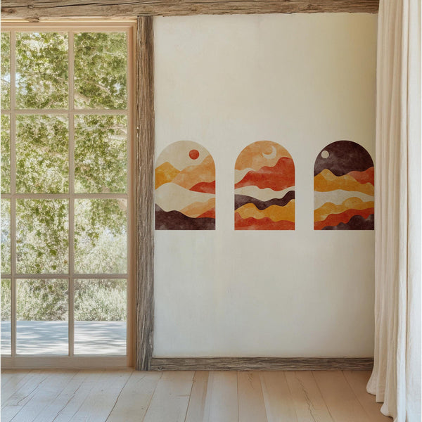 Sunset Arch Wall Decal Set – Warm Terracotta & Amber Mountain Landscape Mural
