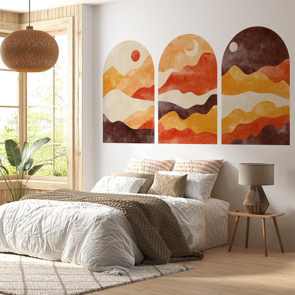 Sunset Arch Wall Decal Set – Warm Terracotta & Amber Mountain Landscape Mural