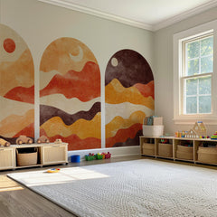 Sunset Arch Wall Decal Set – Warm Terracotta & Amber Mountain Landscape Mural