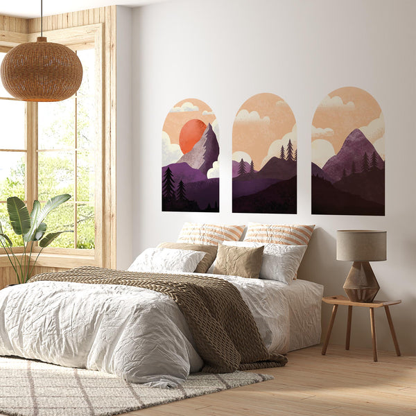 Sunset Mountain Arch Wall Decal Set – Purple Forest & Peak Landscape Mural Trio