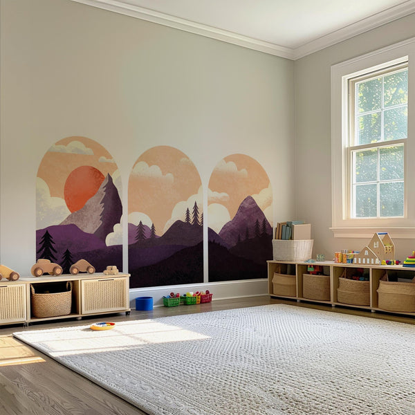 Sunset Mountain Arch Wall Decal Set – Purple Forest & Peak Landscape Mural Trio
