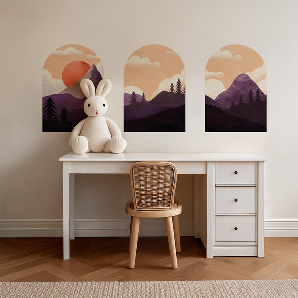 Sunset Mountain Arch Wall Decal Set – Purple Forest & Peak Landscape Mural Trio