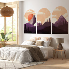 Sunset Mountain Arch Wall Decal Set – Purple Forest & Peak Landscape Mural Trio