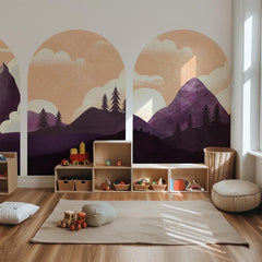 Sunset Mountain Arch Wall Decal Set – Purple Forest & Peak Landscape Mural Trio