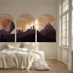 Sunset Mountain Arch Wall Decal Set – Purple Forest & Peak Landscape Mural Trio