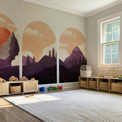 Sunset Mountain Arch Wall Decal Set – Purple Forest & Peak Landscape Mural Trio