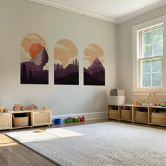 Sunset Mountain Arch Wall Decal Set – Purple Forest & Peak Landscape Mural Trio
