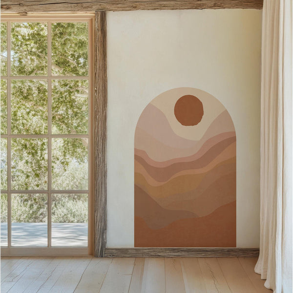 Terracotta Sunset Arch Wall Decal, Boho Earth Tone Wall Mural, Minimal Peel & Stick Wall Art