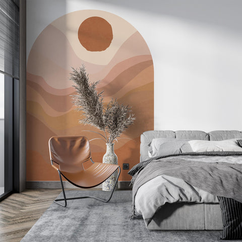Terracotta Sunset Arch Wall Decal, Boho Earth Tone Wall Mural, Minimal Peel & Stick Wall Art