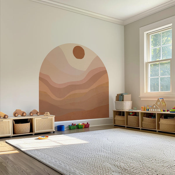 Terracotta Sunset Arch Wall Decal, Boho Earth Tone Wall Mural, Minimal Peel & Stick Wall Art