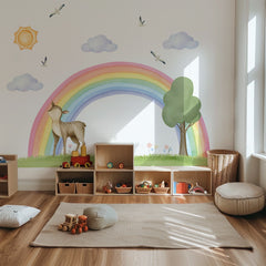 Rainbow Deer Wall Decal – Sun, Clouds & Nature | Nursery Wall Sticker