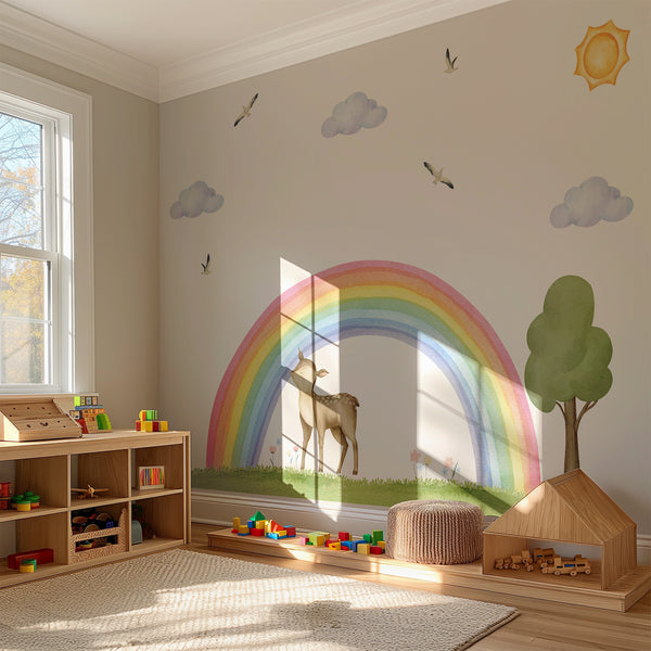 Rainbow Deer Wall Decal – Sun, Clouds & Nature | Nursery Wall Sticker