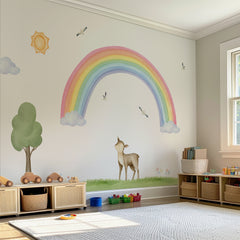 Rainbow Deer Wall Decal – Sun, Clouds & Nature | Nursery Wall Sticker