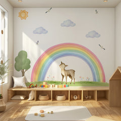 Rainbow Deer Wall Decal – Sun, Clouds & Nature | Nursery Wall Sticker