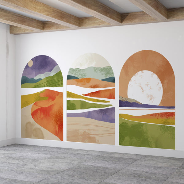 Vibrant Sunset Arch Wall Decal Set – Colorful Mountain & Landscape Mural Trio