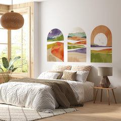Vibrant Sunset Arch Wall Decal Set – Colorful Mountain & Landscape Mural Trio