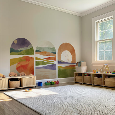 Vibrant Sunset Arch Wall Decal Set – Colorful Mountain & Landscape Mural Trio