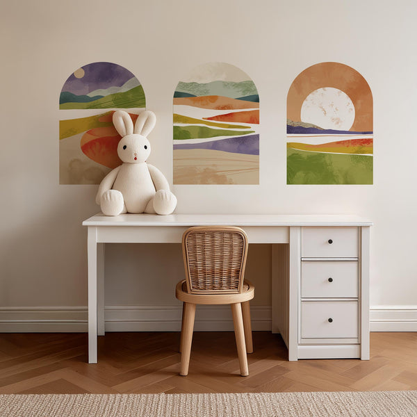 Vibrant Sunset Arch Wall Decal Set – Colorful Mountain & Landscape Mural Trio