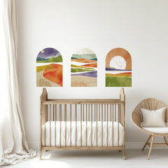 Vibrant Sunset Arch Wall Decal Set – Colorful Mountain & Landscape Mural Trio