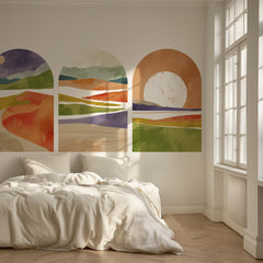 Vibrant Sunset Arch Wall Decal Set – Colorful Mountain & Landscape Mural Trio