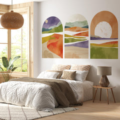 Vibrant Sunset Arch Wall Decal Set – Colorful Mountain & Landscape Mural Trio