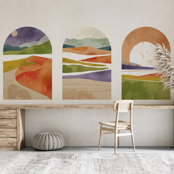 Vibrant Sunset Arch Wall Decal Set – Colorful Mountain & Landscape Mural Trio