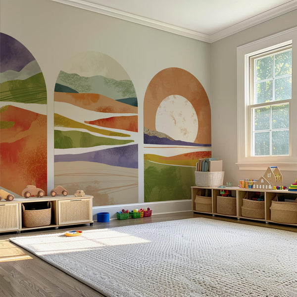 Vibrant Sunset Arch Wall Decal Set – Colorful Mountain & Landscape Mural Trio