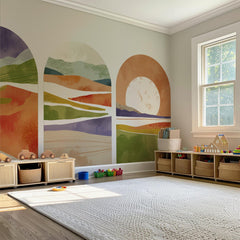 Vibrant Sunset Arch Wall Decal Set – Colorful Mountain & Landscape Mural Trio