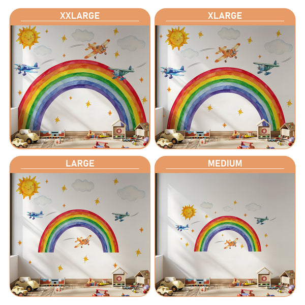 Rainbow Airplane Wall Decal – Planes, Sun & Clouds | Kids Nursery Wall Sticker