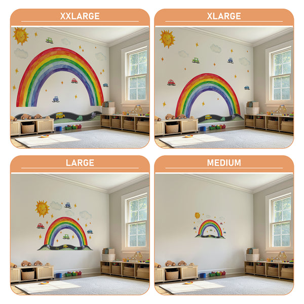 Rainbow Road Wall Decal – Cars, Sun & Clouds | Kids Nursery Wall Sticker