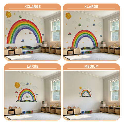 Rainbow Road Wall Decal – Cars, Sun & Clouds | Kids Nursery Wall Sticker