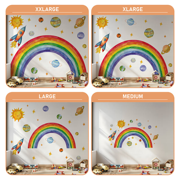 Rainbow Space Wall Decal – Sun, Planets & Rocket | Kids Room Wall Sticker