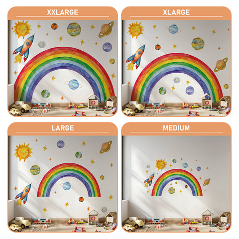 Rainbow Space Wall Decal – Sun, Planets & Rocket | Kids Room Wall Sticker