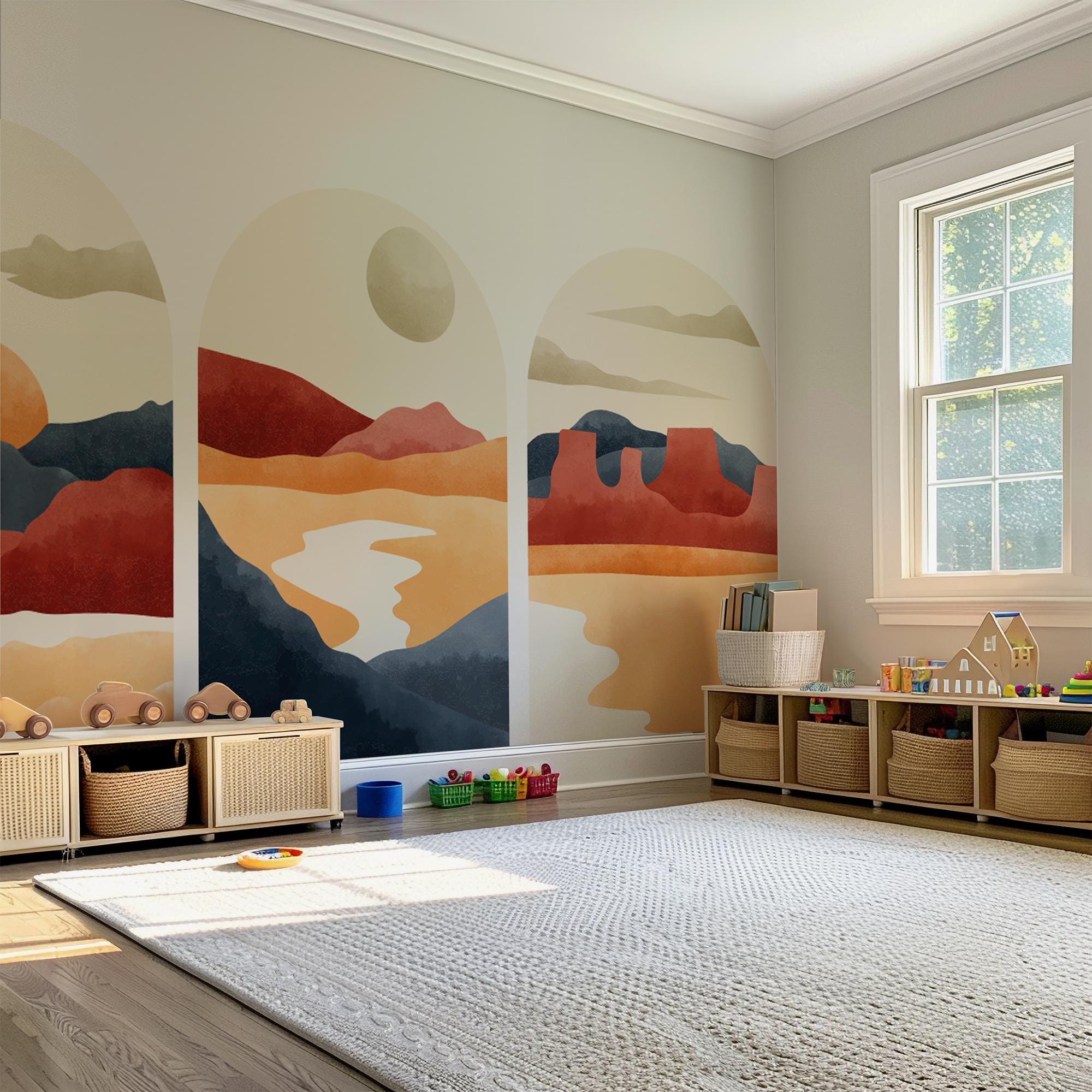 Warm Sunset Arch Mural Trio – Terracotta Desert & Mountain Wall Decals