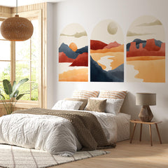 Warm Sunset Arch Mural Trio – Terracotta Desert & Mountain Wall Decals