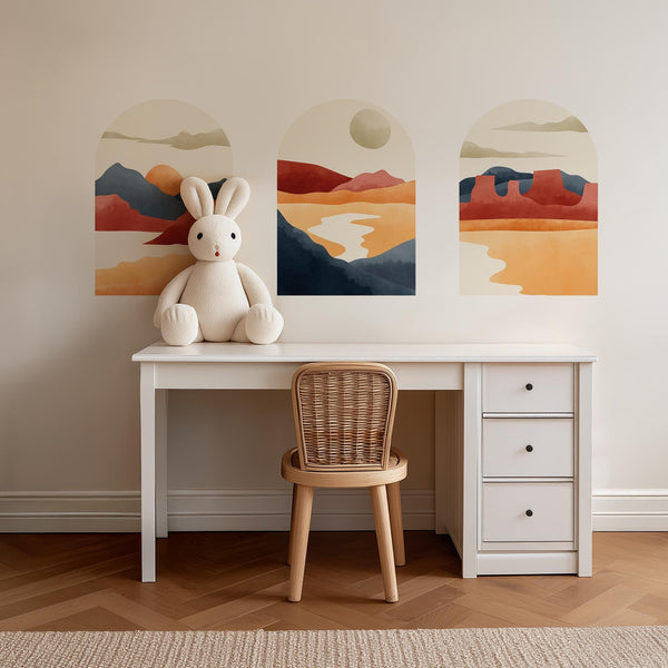 Warm Sunset Arch Mural Trio – Terracotta Desert & Mountain Wall Decals