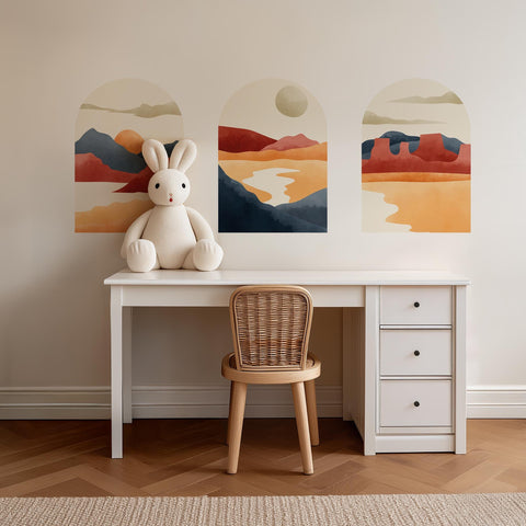 Warm Sunset Arch Mural Trio – Terracotta Desert & Mountain Wall Decals