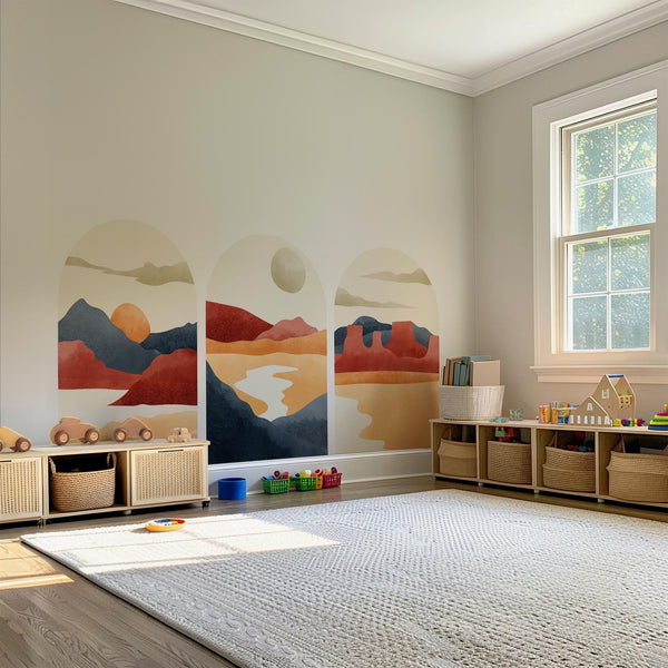 Warm Sunset Arch Mural Trio – Terracotta Desert & Mountain Wall Decals