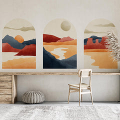 Warm Sunset Arch Mural Trio – Terracotta Desert & Mountain Wall Decals