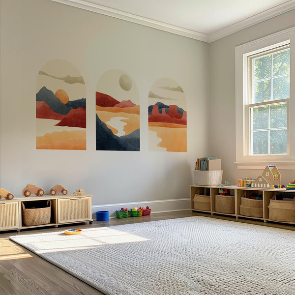 Warm Sunset Arch Mural Trio – Terracotta Desert & Mountain Wall Decals