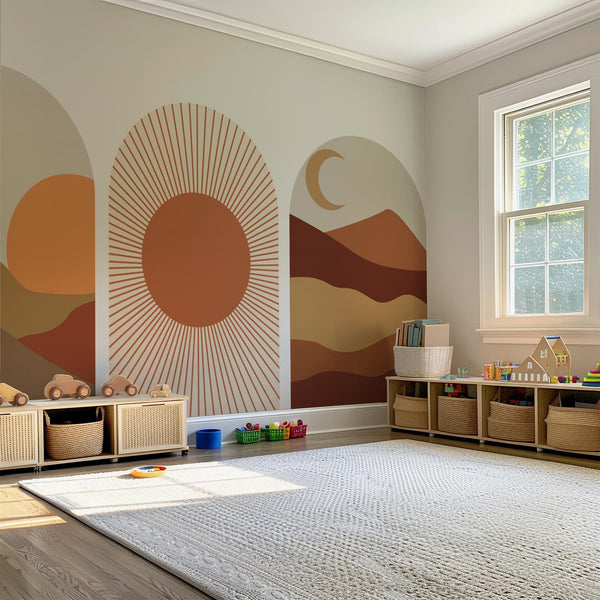 Warm Terracotta Arch Wall Art Set – Sunset, Crescent Moon & Desert Horizon