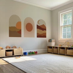 Warm Terracotta Arch Wall Art Set – Sunset, Crescent Moon & Desert Horizon