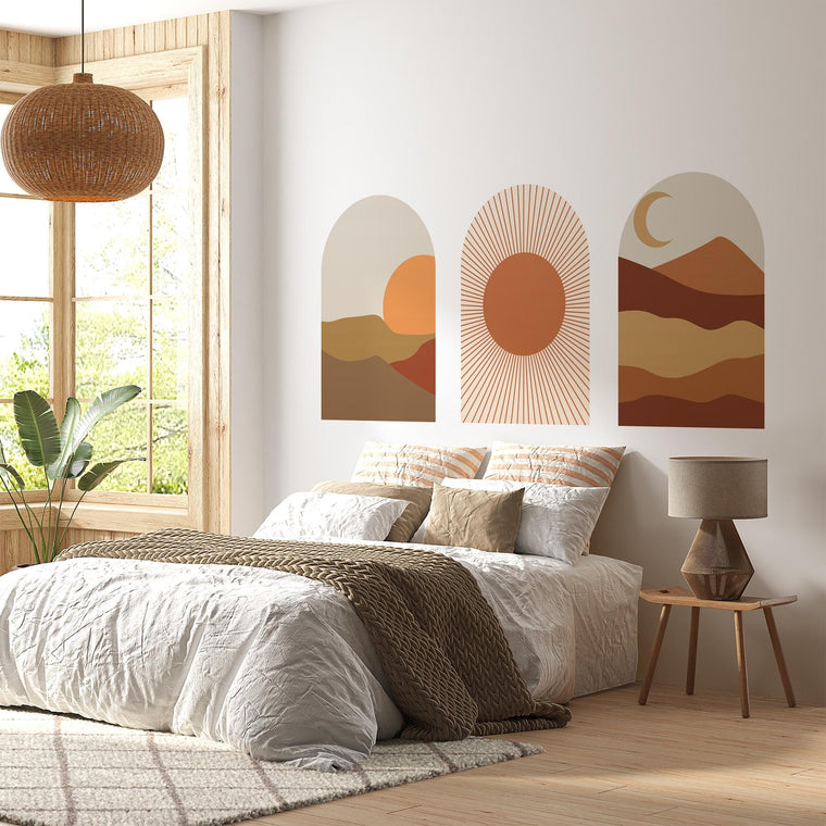 Warm Terracotta Arch Wall Art Set – Sunset, Crescent Moon & Desert Horizon