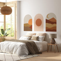 Warm Terracotta Arch Wall Art Set – Sunset, Crescent Moon & Desert Horizon