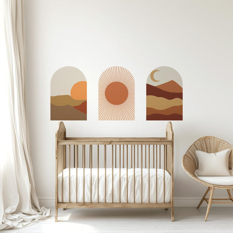 Warm Terracotta Arch Wall Art Set – Sunset, Crescent Moon & Desert Horizon